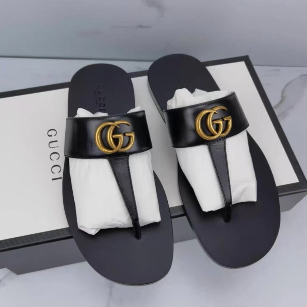 Gucci Dual G Logo Black Thong Sandals